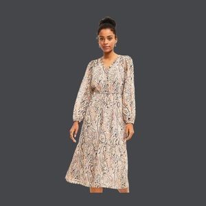 LOFT Petite V Neck Tie Waist Midi Dress Shimmer Paisley Gold & Neutral